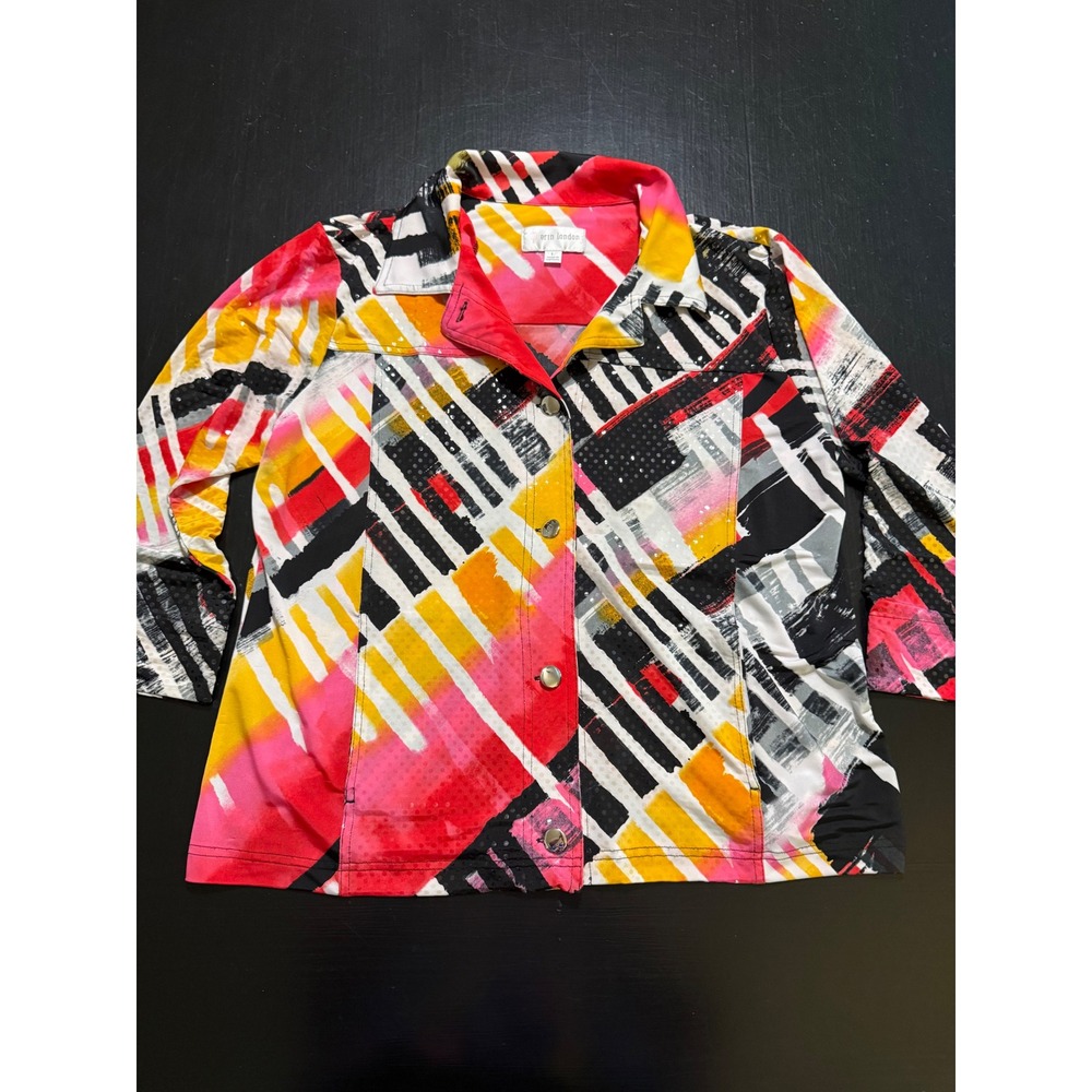 Erin London Womens Abstract Geometric Sequin Button Front Jacket Red Yellow L